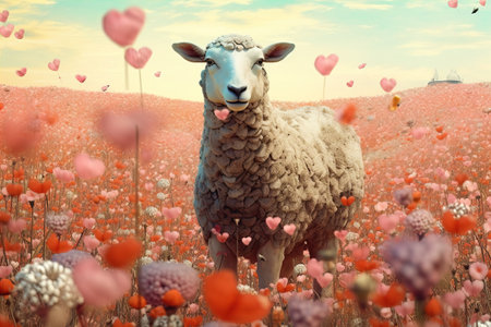A sheep stands in the middle of a beautiful garden.の素材