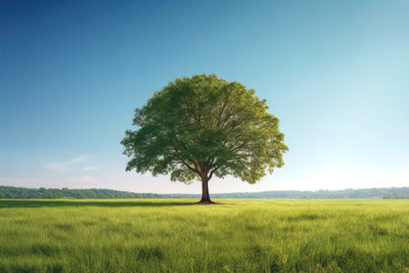 Tree in green field, Beautiful Spring Landscape under Blue Sky with white cloudsの素材