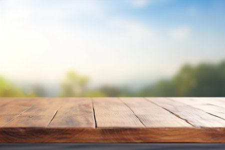 Wood table top on nature green bokeh abstract backgroundの素材