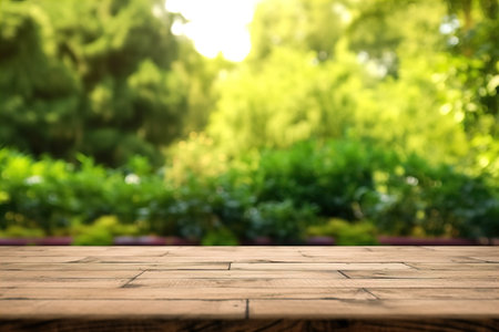 Wood table top on nature green bokeh abstract backgroundの素材