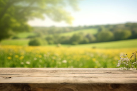 Wood table top on nature green bokeh abstract backgroundの素材