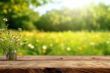 Wood table top on nature green bokeh abstract backgroundの素材