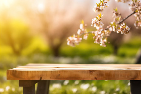 Wood table top on nature green bokeh abstract backgroundの素材
