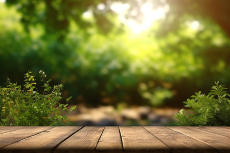 Wood table top on nature green bokeh abstract backgroundの素材