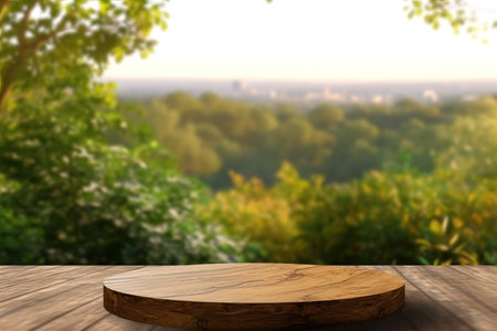 Wood table top on nature green bokeh abstract backgroundの素材