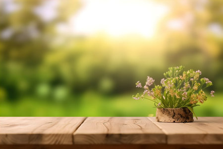 Wood table top on nature green bokeh abstract backgroundの素材