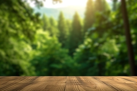 Wood table top on nature green bokeh abstract backgroundの素材