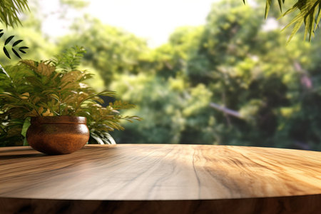 Wood table top on nature green bokeh abstract backgroundの素材