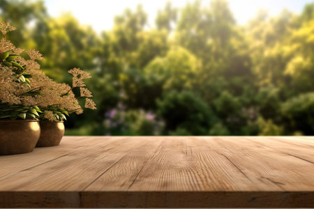 Wood table top on nature green bokeh abstract backgroundの素材