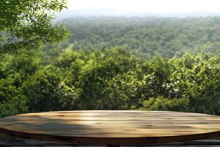 Wood table top on nature green bokeh abstract backgroundの素材