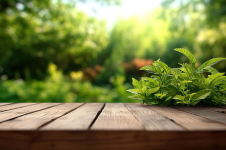 Wood table top on nature green bokeh abstract backgroundの素材