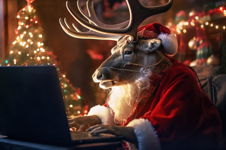 Workplace of Santa Claus. Cheerful Santa is reading letters from children while sitting at the tableの素材