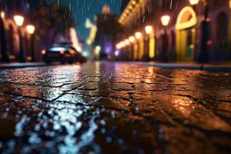 close-up of wet asphalt, with droplets of water on the surfaceの素材