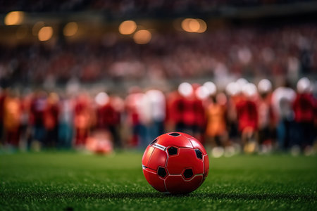 Red and white soccer ball on a green fieldの素材