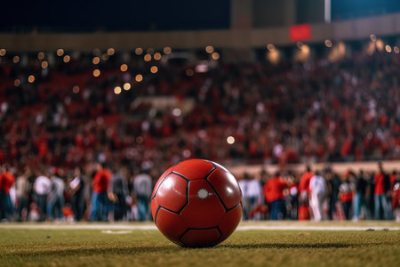 Red and white soccer ball on a green fieldの素材