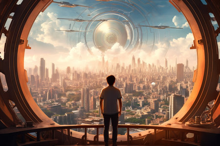 people standing and looking at the future cityの素材
