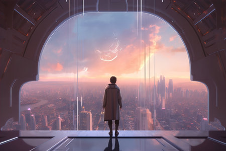 people standing and looking at the future cityの素材