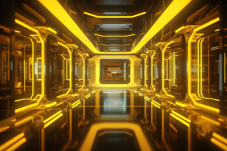 3d render, abstract background, corridor, tunnel, virtual reality space, yellow neon lightsの素材