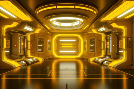 3d render, abstract background, corridor, tunnel, virtual reality space, yellow neon lightsの素材