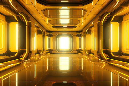 3d render, abstract background, corridor, tunnel, virtual reality space, yellow neon lightsの素材