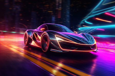 Typical high speed neon futuristic sports car.の素材