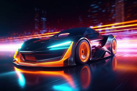 Typical high speed neon futuristic sports car.の素材