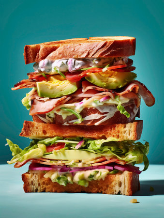 Sandwich with ham, cheese, avocado and vegetables on blue background. AI-Generatedの素材