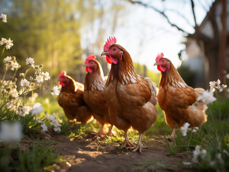 Chickens on free range poultry farm in springtime.の素材