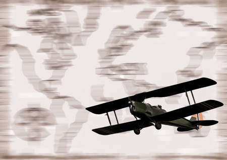 Retro biplane flying over world mapの写真素材