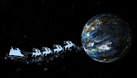 Santa Claus on sleigh with reindeer over the world (3D Illustration)の写真素材
