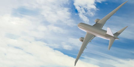 Airliner in the blue sky amongst clouds (3D Rendering)