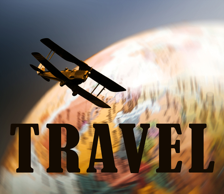 Retro and vintage poster of biplane travelling over spinning globe and textの写真素材