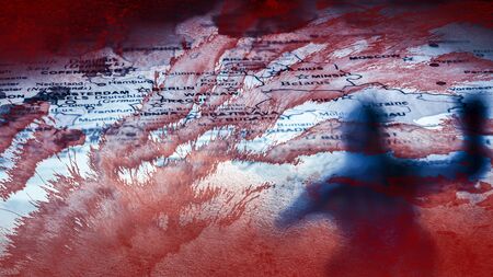 Retro European battlefield with soldier silhouette and blood