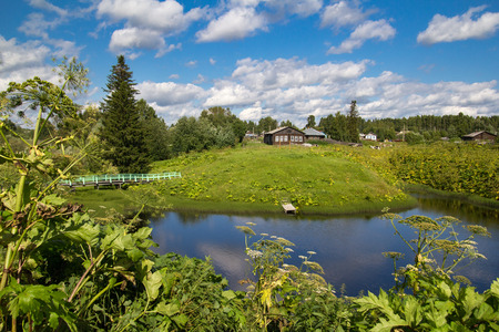 Classical Russian rural landscape near the village of Ust-Vym, Russia, Komi Republicの写真素材
