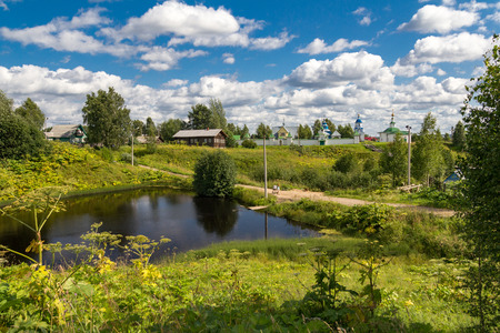 Classical Russian rural landscape with a monastery near the village of Ust-Vym, Russia, Komi Republicの写真素材