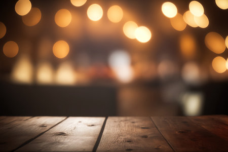 Restaurant background with lights bokeh on an empty wooden table topの素材