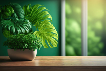 wood table, green wall background, and window with light build a blurred indoor green plant foreground and a leaf shadow on the wall. Mockup of a panoramic banner for product display. sustainable inteの素材