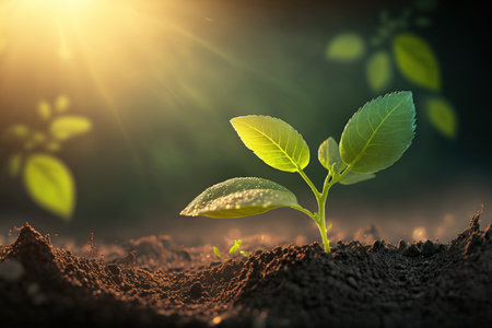 developing plant, Young plant with ground background and dawn light, New life concept. Springtime sees little plants on the ground. fresh,seed, image with a modern agricultural conceptの素材