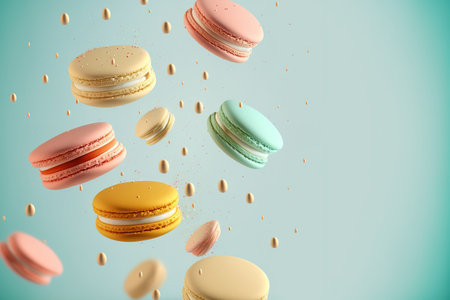 French macarons in motion with vintage pastel colors falling on a light blue background. Banner for food Macaron Sweetsの素材
