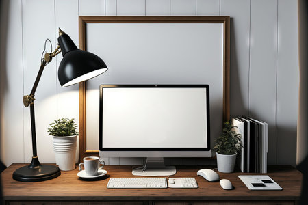 , mock photo frame on a wooden panel with a lamp hanging above the desk, computer with blank screen and keyboard on table in workspace,の素材