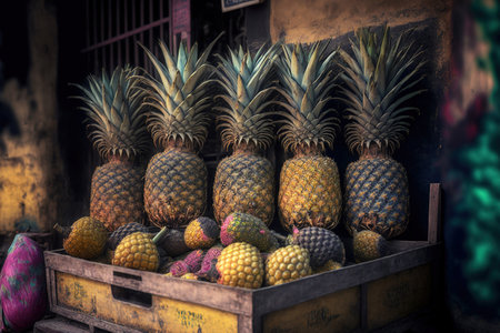 A background of pineapples with a market full of juicy golden pineapples is seen in Asia. Indonesiaの素材