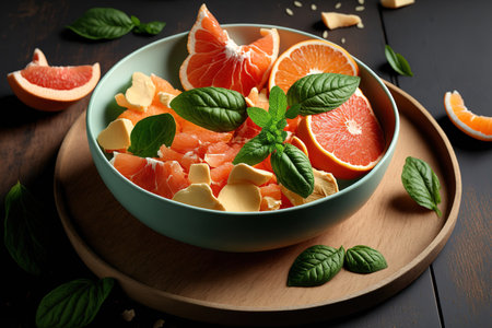 A bowl of fresh mint and juicy grapefruit chunks in close upの素材