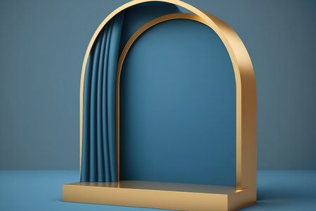 5 Blue arch and curtain background with an empty, gold bordered podium in a blue color. Abstract geometric shape object from a minimal studio. Mockup area for product design exhibitionの素材