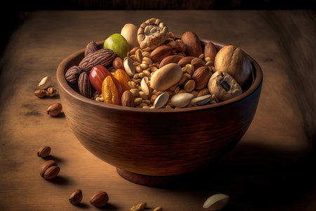 A bowl of mixed nuts with a wooden backgroundの素材
