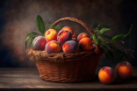 A basket of sweet nectarines rests on a grey wooden tableの素材