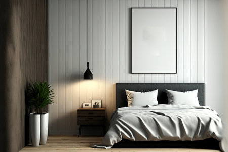 A bedroom with a wooden floor and wall from the front. There is a bedside table and a vertical poster that is framed on the wall. a mockup Toned pictureの素材