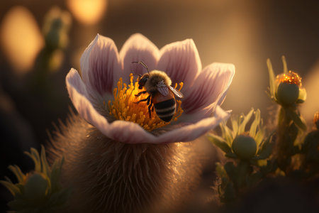 A bee with a blossom in spring Pulsatilla grandis in bloom during the springtime, with the sun and a background of natural colorsの素材