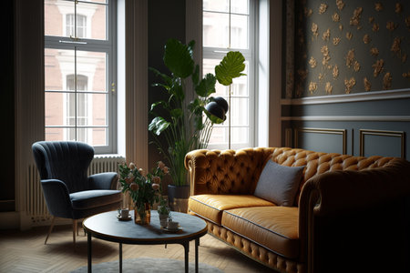 A contemporary flat in a historic tenement building. A sophisticated and opulent living room with a cozy sofa and armchair fashioned in a traditional, retro, and mid century contemporary aestheticの素材