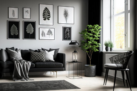 A contemporary apartment with flat black and shiny silver furnishings, plants, and a gallery wall template with nine frames for poster presentationsの素材