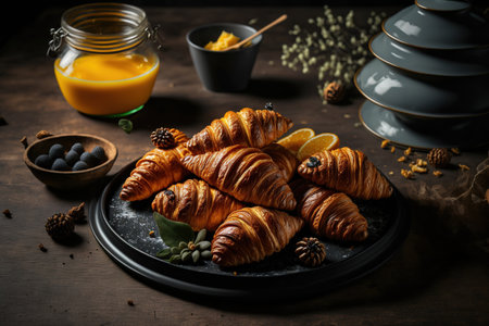 a black dish with a variety of croissants on a wooden tableの素材